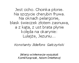 Pole tekstowe: Jest cicho. Choinka p�onie.
Na szczycie cherubin fruwa.
Na oknach pelargonie,
blask �wieczek z�otem zasnuwa,
a z k�ta, z ust brata p�ynie
kol�da na okarynie:
Lulaj�e, Jezuniu...

Konstanty Ildefons Ga�czy�ski(Wiersz w Internecie wyszukali:  Kamil Kasprzak, Adam �mietana)